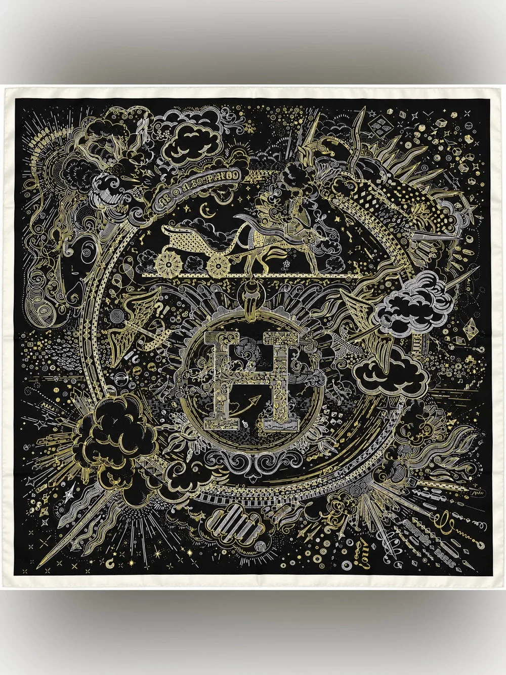 Hermès Black Gold Ivory Horse Carriage Celestial Print Square Silk Scarf 35x35